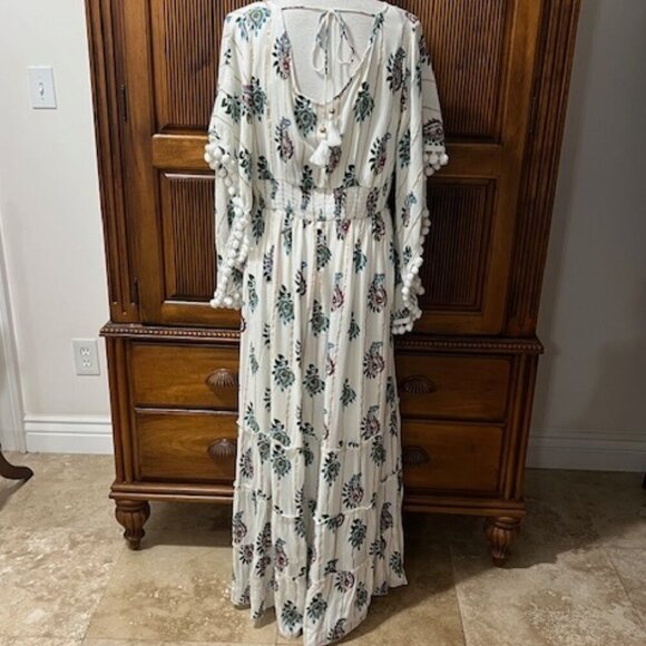 Me 2 Magic Anthropologie White Paisley Maxi Dress Pom Pom Sleeves Hippie Size M - Picture 5 of 10